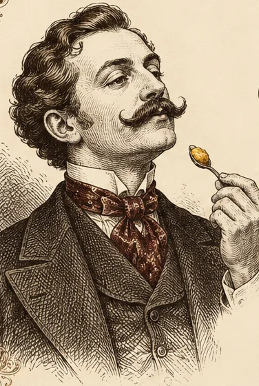 Victorian gentleman with a handlebar moustache tasting mustard